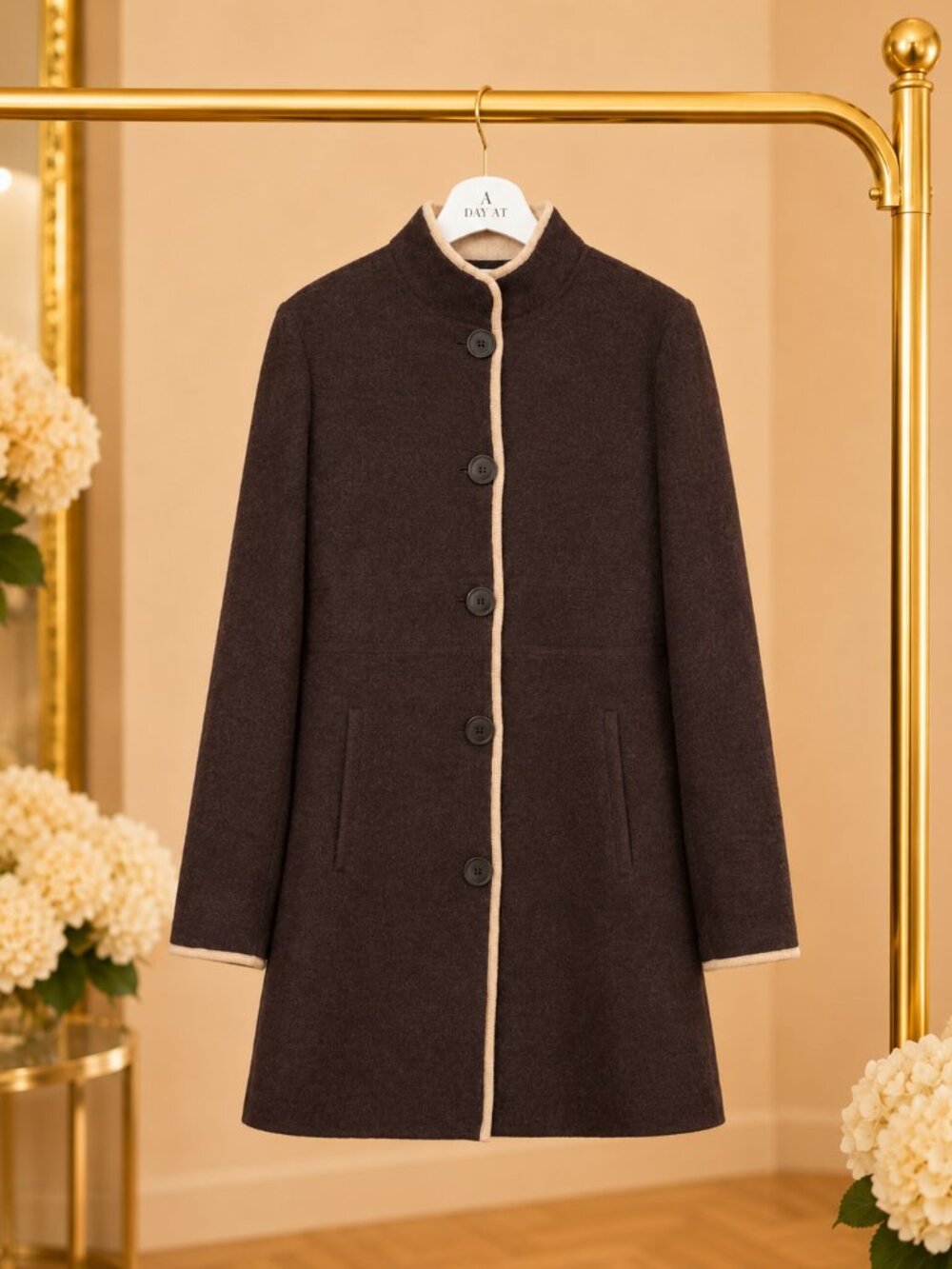 100% Boiled Wool Chocolate Brown Cream Trim Long Coatigan Emma James XL EJMU7858